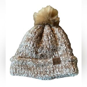 C.C California marled chunky knit beanie with faux fur Pom and shearling lining